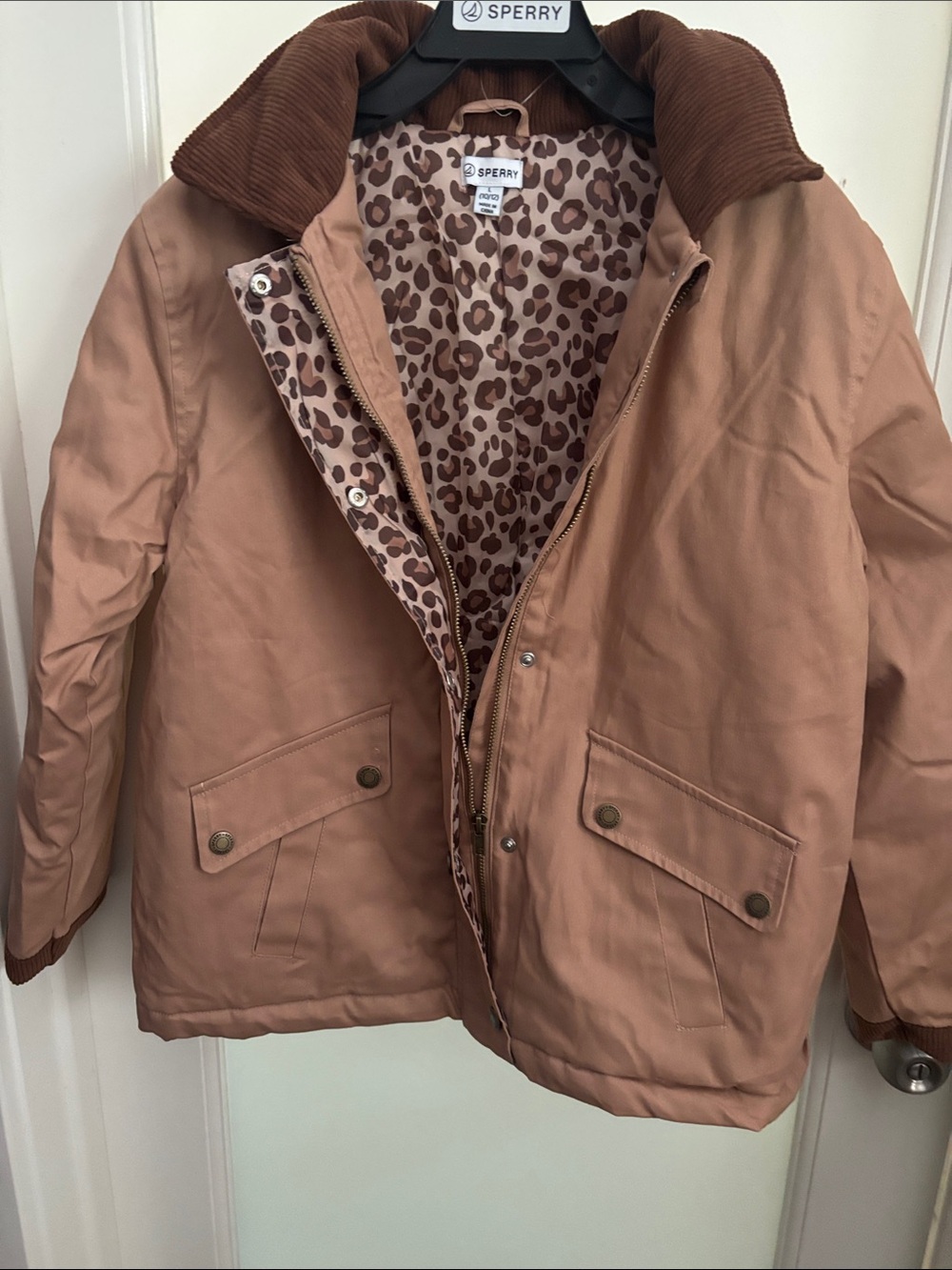 Sperry Women's Tan Utility Jacket with Leopard-Print Lining
